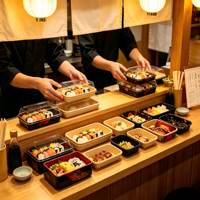Boîte à sushi rectangulaire jetable en papier de la série EP, en papier kraft renforcé, avec couvercle à boucle sécurisée pour restaurant