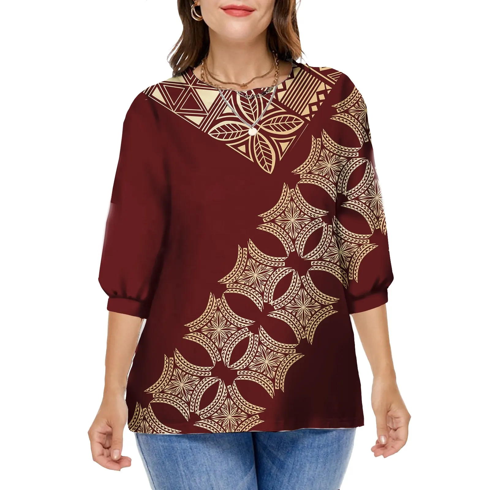 Polynesische Elei Tribal Design Custom Hoge Kwaliteit Dames O-hals Losse Mode Blouse Plus Size Herfst Korte Mouw T-Shirt