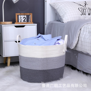 <b>Large</b> Cotton Rope Woven <b>Storage</b> <b>Basket</b> Round With Handles For Clothes And Toys White And Gray Color Scheme Handmade - Product Image 3