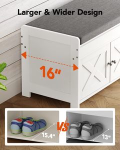 Banc de rangement blanc SENYU style ferme avec coussin gris et portes à panneaux en X, meuble d'entrée pour rangement de chaussures et organisation domestique - Product Image 6