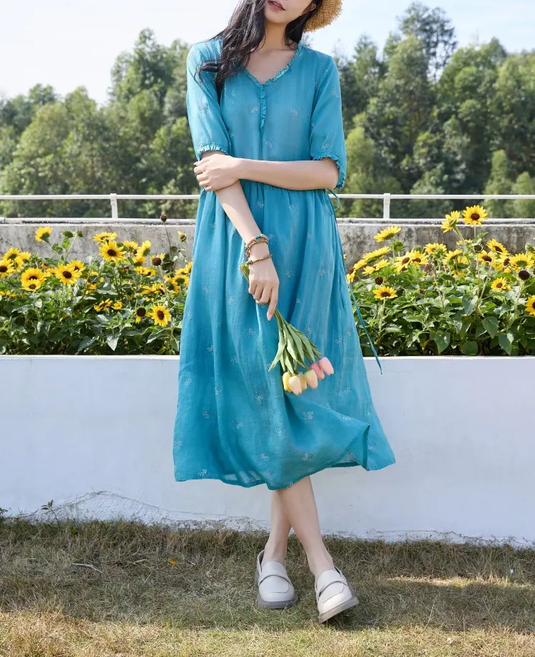 Nhà Máy Bán Buôn Linen Giản Dị Dresses Của Phụ Nữ Quần Áo Cộng Với Kích Thước Dresses Mùa Hè Thanh Lịch Của Phụ Nữ Dài Dresses