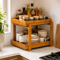 Prix de gros pour un porte-épices double couche en bambou carbonisé profond, avec un système coulissant, adapté au rangement sous l'évier