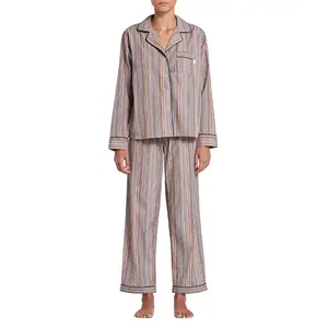 Set lungo Pj con ricamo in cotone di alta qualità per pigiama da donna con etichetta tessuta personalizzata a righe a contrasto