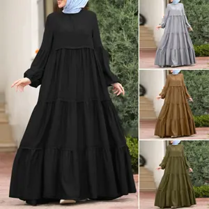 Hot Sale Crew Neck Long Puff Sleeve Women Muslim Islamic Abaya Kaftan Dubai Party Gown Maxi Shirt Dress