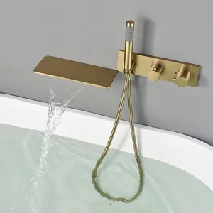 Grifo de bañera termostático montado en la pared para baño, grifo de bañera de latón dorado cepillado con cabezal de ducha