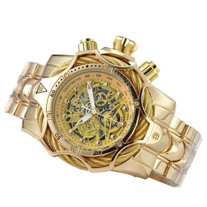 Reloj Cronógrafo de Cuarzo en Tono Dorado con Esfera Esqueletizada, Correa de Acero Inoxidable, Resistente al Agua, Estilo Deportivo para Hombre - Product Image 3