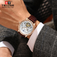 Montre mécanique pour homme TEVISE T890A, bracelet en cuir, boîtier en alliage, phase de lune, cadran lumineux, verre minéral renforcé, montre-bracelet décontractée