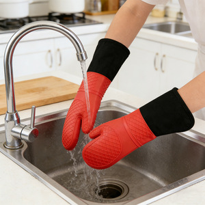 Silicone Heat Resistant <b>Gloves</b> Thickened Extra Wide Oven Mitts <b>Red</b> Black Gray Kitchen Baking Use - Product Image 2