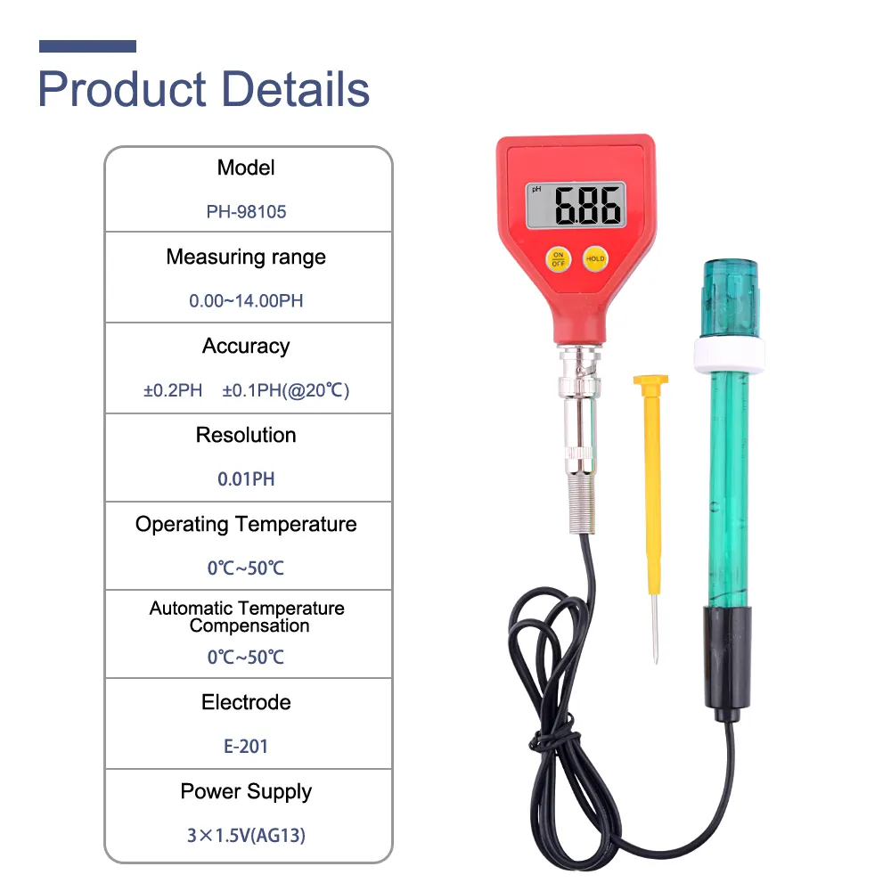 PH-98105 PH Meter เครื่องวัดความเป็นกรดแบบดิจิตอลอิเล็กโทรดแก้วสำหรับน้ำอาหารชีสนมดินทดสอบ PH