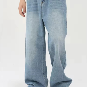 Jeans pria kustom gaya jalanan uniseks, celana jin longgar ultra pengendara sepeda, celana jin kaki lebar biru lurus