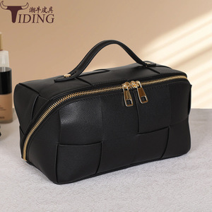 Tiding Genuine Leather Woven Cosmetic Bag Large Capacity Black Soft Handle <b>Makeup</b> Storage <b>Case</b> For Women - Product Image 3