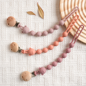 Multi-Function Baby Soothing Teether <b>Pacifier</b> Clip, Bear Silicone Chew Toy & Beech Wood Anti-Drop Clip - Product Image 1