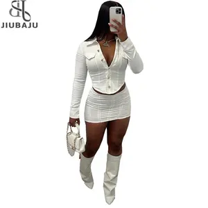 Two Piece Cargo Set Women Button Up Short Tops And Skirts High Waist Black White Outfits