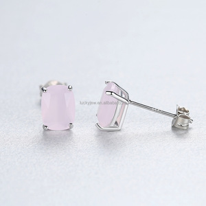 Luckyjew thiết kế đơn giản đinh tán 925 Sterling Bạc Xanh Ngọc Hồng thạch anh hình bầu dục hình khối Zircon S925 Bông tai trang sức - Product Image 5