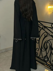 100% Polyester Black Casual Belted Abaya Flounce Sleeve Modest Islamic Maxi Dress for Muslim Women - Product Image 2