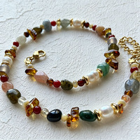 Collier tendance en pierres précieuses colorées, style bohème, perles naturelles baroques, pierre de soleil, agate, collier de perles en pierre naturelle