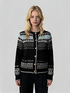 Women's Black Geometric Knitted <b>Cardigan</b> Fair Isle Sweater Long Sleeve Button Up Crew Neck Autumn Winter - Product Image 2
