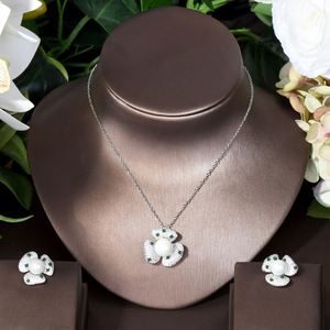 HIBRIDE Lovely Cute 2PCS Flower Cubic Zirconia Stud Pearl Pendant Necklace and Earring Set Trendy Women Jewelry Sets Gift N-412 - Product Image 2