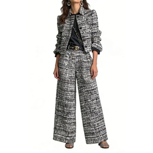 Conjunto de 2 Piezas de Pantalones Anchos para Mujer - Elegante Atuendo Formal de Oficina con Tela Texturizada - Product Image 1