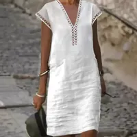 Robe en polyester taille haute, col en V uni, manches courtes, style streetwear décontracté, disponible en plusieurs tailles