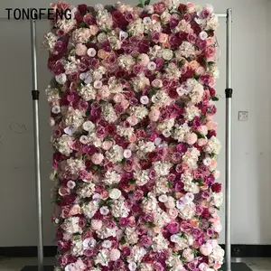 थोक कस्टम गुलाबी आइवरी 3D रोल अप शादी की आपूर्ति सजावट गुलाब पृष्ठभूमि रेशम कृत्रिम पार्टी सजावटी फूल दीवार