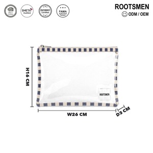 Pochette plate transparente en PVC, sac à maquillage transparent avec bordure en tissu rayé, pochette cosmétique transparente avec fermeture éclair, logo personnalisé OEM, voyage - Product Image 5