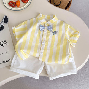 Ensemble de vêtements d'été pour garçon 2026, <span class=keywords><strong>polo</strong></span> rayé jaune + short blanc, ensemble de 2 pièces, tenue de <span class=keywords><strong>prince</strong></span> - Product Image 1