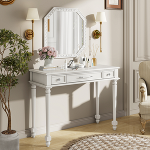 Modern Vanity <b>Desk</b> with Mirror Wood Makeup Table and Cushioned <b>Stool</b> Set with 3 Drawers for Bedroom & Hotel Use - Product Image 1