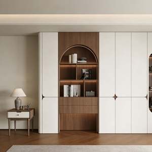 BALOM Custom Beige & Wood-Tone <b>Wardrobe</b> Combination with Arched LED Niche Brass Hardware Sleek Bedroom Storage Cabinet - Product Image 5