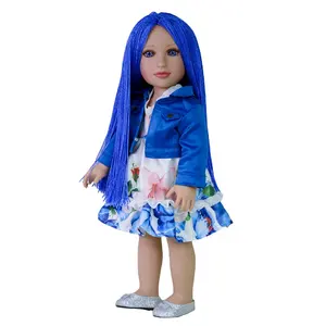 Cheveux tressés bleus, corps en vinyle, yeux acryliques réalistes, poupée de 18 pouces, fille de style américain
