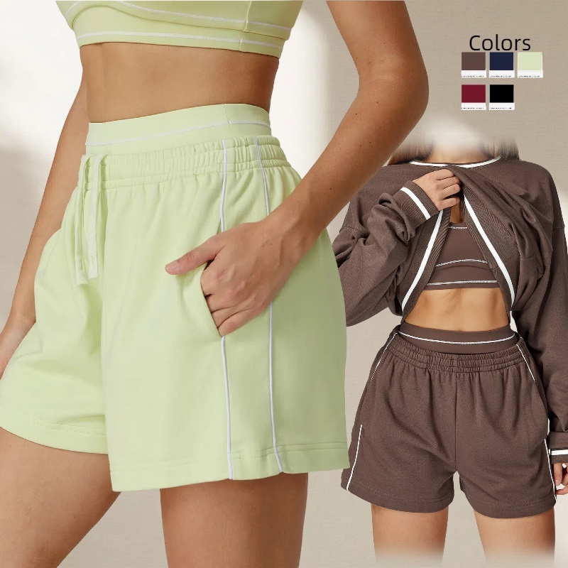 Yimo Women Drawstring High Waist Yoga Shorts Lady Loose Side Pockets Sports Shorts Female Elastic Waist Biker Workout Clothes