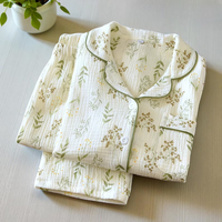 Ensemble de pyjama pour femmes en coton 100% Manches longues Haut à revers Imprimé de roses Taille élastique Fermeture à motif floral Respirant pour femmes