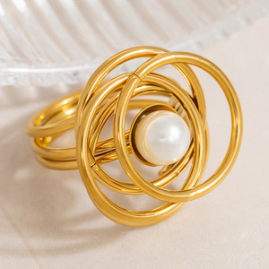 Pearl <b>Ring</b> Geometric Design 18k Gold Plated <b>Titanium</b> Steel Unisex Everyday Wear Jewelry JZ21160 - Product Image 3