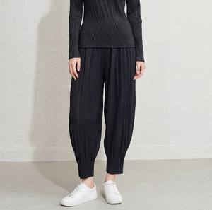 PY 2026 New Arrivals Elegant Pleated Pants Fashion Black Textured Casual Cuffed <b>Elastic</b> Waist Breathable Quick Dry 100% - Product Image 1