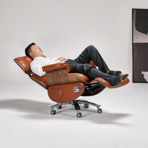 Silla de Oficina Reclinable de Lujo, Silla Ejecutiva de Cuero Genuino con Reclinación Eléctrica, Detalles en Madera de Nogal y Carga USB - Product Image 5
