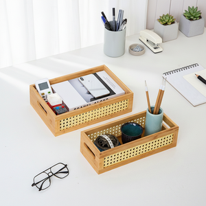 Panier de rangement en rotin tissé en bambou avec cadre en bois et poignées peintes Boîte à couvercle décorative en osier pour <span class=keywords><strong>cuisine</strong></span> ou usage alimentaire - Product Image 2