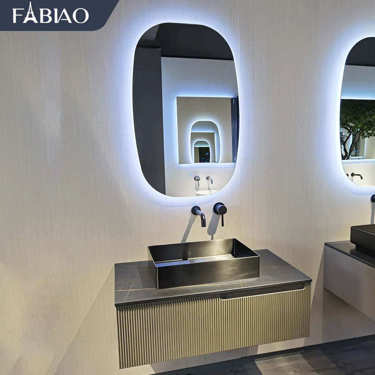 Modern stil yüzer banyo üst çift lavabo banyo makyaj Vanity kabin setleri lavabo ile