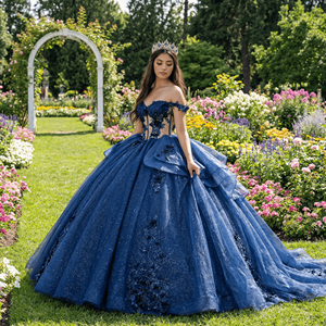 ชุดเดรสงาน Quinceanera รุ่น Dy20259 แบบเปิดไหล่ทรงบอลกาวน์ ผ้าชีฟองประดับappliqué สีน้ำเงินกรมท่า สำหรับสาวๆ สไตล์เจ้าหญิง ชุดราตรีออกงาน - Product Image 1