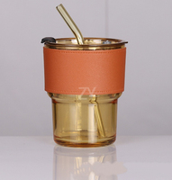 Tasse à Matcha en Verre Multicolore avec Manchon en Cuir et Paille, Qualité Alimentaire, Portable, Écologique, pour Cérémonie du Thé et Usage Quotidien