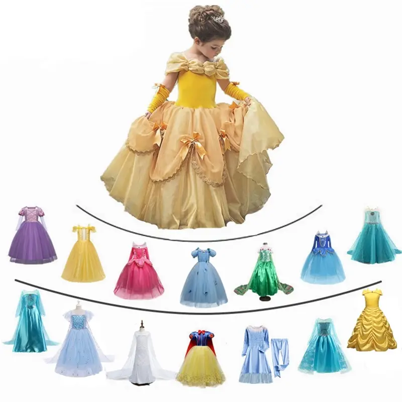 Multi Style Kids Lace Bow Princess Long Dress Beauty Belle Christmas Cosplay Princess Girls Dress Costume