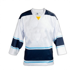 Jersey de Hockey sobre Hielo para Hombre, Cuello en V, Blanco con Rayas Azul Marino, Manga Tres Cuartos, Poliéster Sublimado, Corte Regular, Adulto - Product Image 1