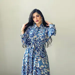 Hot Spot Sales Islamic Clothing Robe Ramadan Middle Eastern Muslim Maxi Blue Printed Flower Dress Women Dubai Abaya