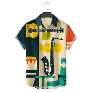 Camisas hawaianas informales para hombre, blusas de manga corta con estampado de instrumentos musicales, una sola botonadura, alta calidad, para playa