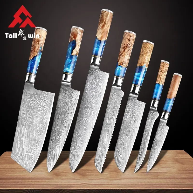 Набор профессиональных японских кухонных ножей vg10 из синей смолы с деревянной ручкой, Набор японских кухонных ножей шеф-повара из дамасской стали