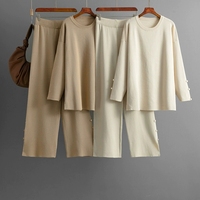 Automne hiver nouveau pull en tricot ample costume grande taille couleur unie bouton décontracté deux pièces ensemble pour dames