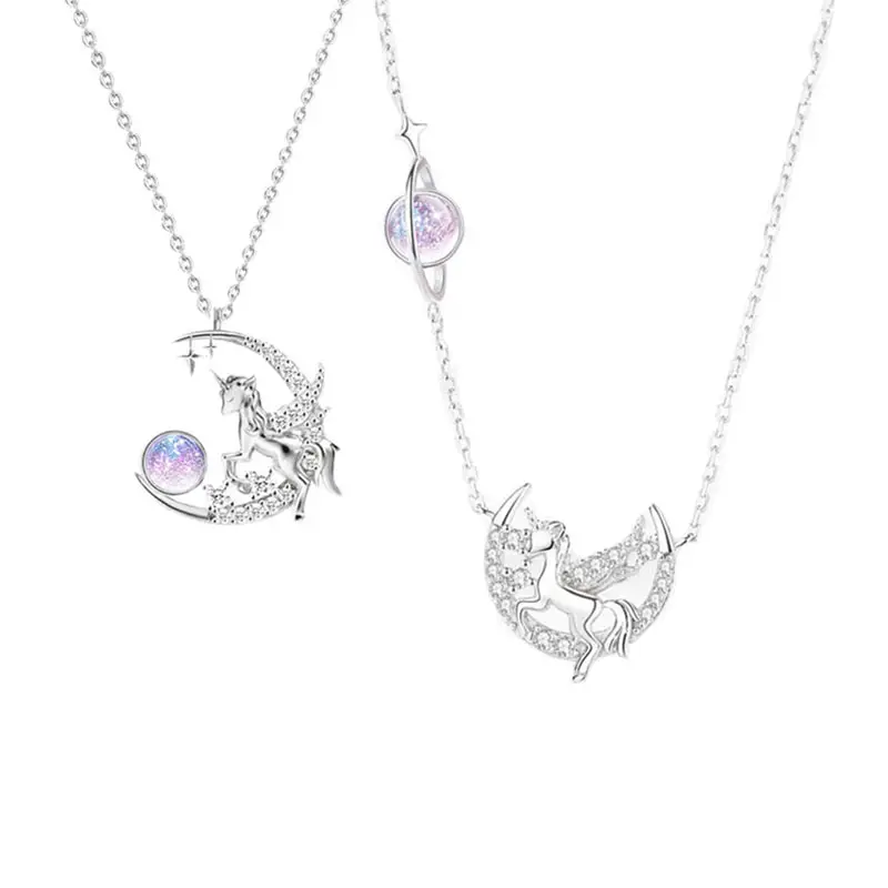 Collar con colgante de unicornio, Luna, oro blanco plateado, Plata de Ley 925, cristal de colores con circonia, Mini joyería, Charms, cadena
