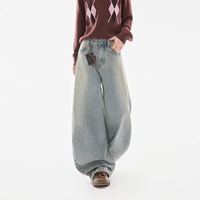 Jean large délavé style américain pour femme – Pantalon unisexe haut de gamme, ample et polyvalent, à revers larges, amincissant