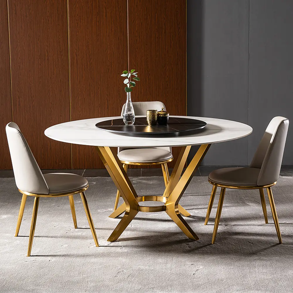 Mesa de comedor giratoria superior de mármol blanco, mesa de comedor con patas de Metal, muebles de comedor, diseño moderno personalizado