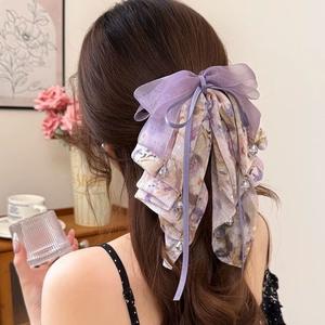 Personnalisation : Pinces à cheveux à pince longues avec nœud en ruban, en mousseline florale, style doux et féerique, et chouchous en tissu pour queue de cheval - Product Image 1
