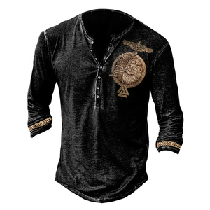 เสื้อเชิ้ตเฮนลีย์ผู้ชายแบบดิสเทรส แขนยาว คอวี แต่งเชือกผูก สไตล์ลำลอง วินเทจ เรโทร ผ้าทวิลล์ พิมพ์ลาย - Product Image 1
